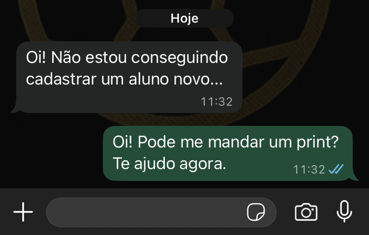 Print de conversa de suporte da F2 Sports no WhatsApp